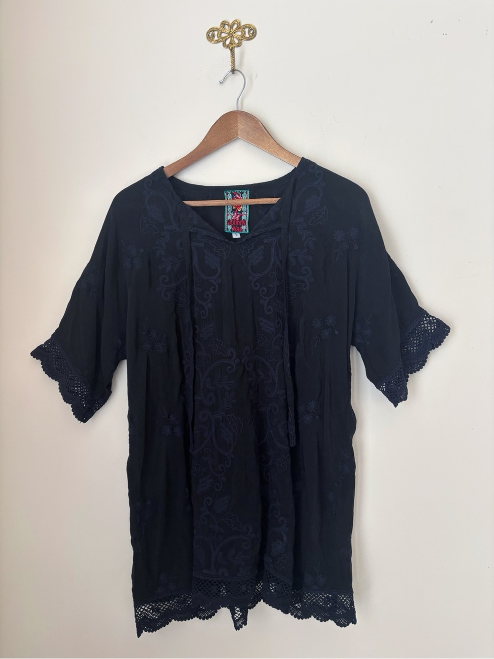 Johnny Was Black Embroidered Lace Tunic Top Small